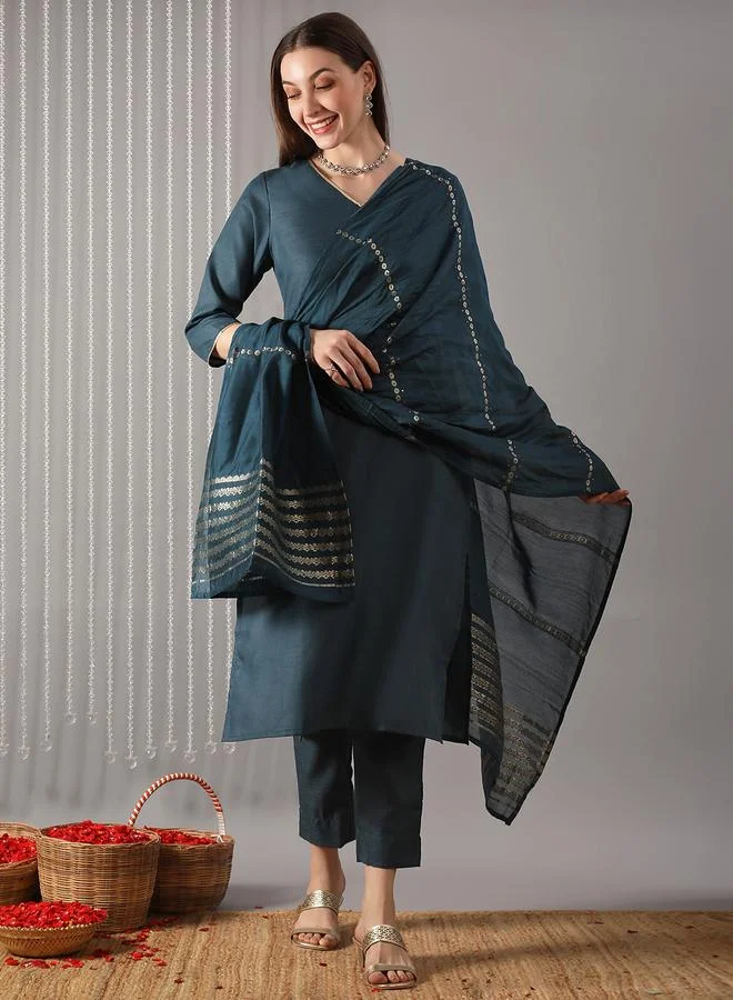 Globus  Women Teal Woven Straight Kurta with Pant and Matching Dupatta Set for Women | Best Price UAE